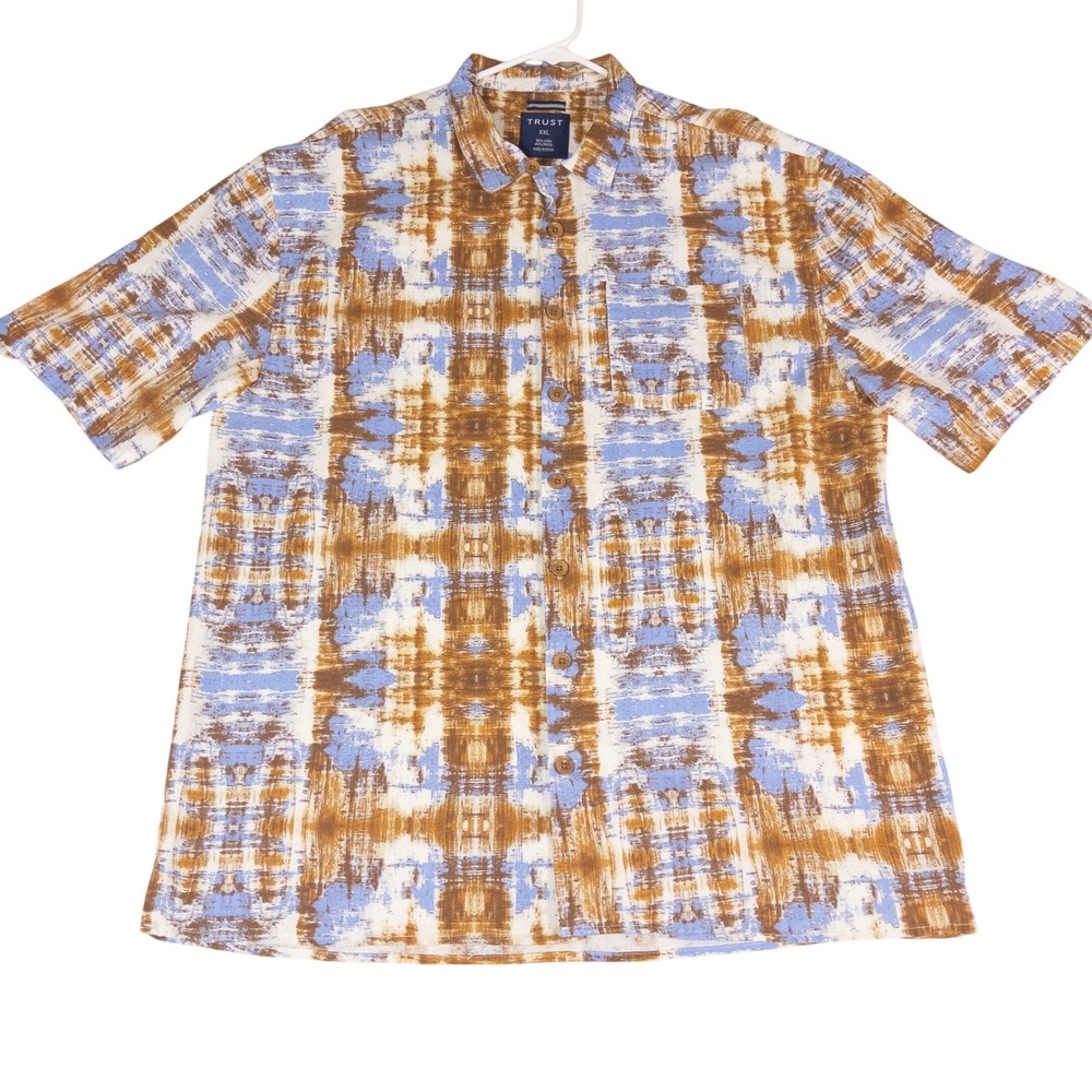 Trust Mens XXL Short Sleeve Linen Rayon Blend Abstract Ikat Print Button Shirt